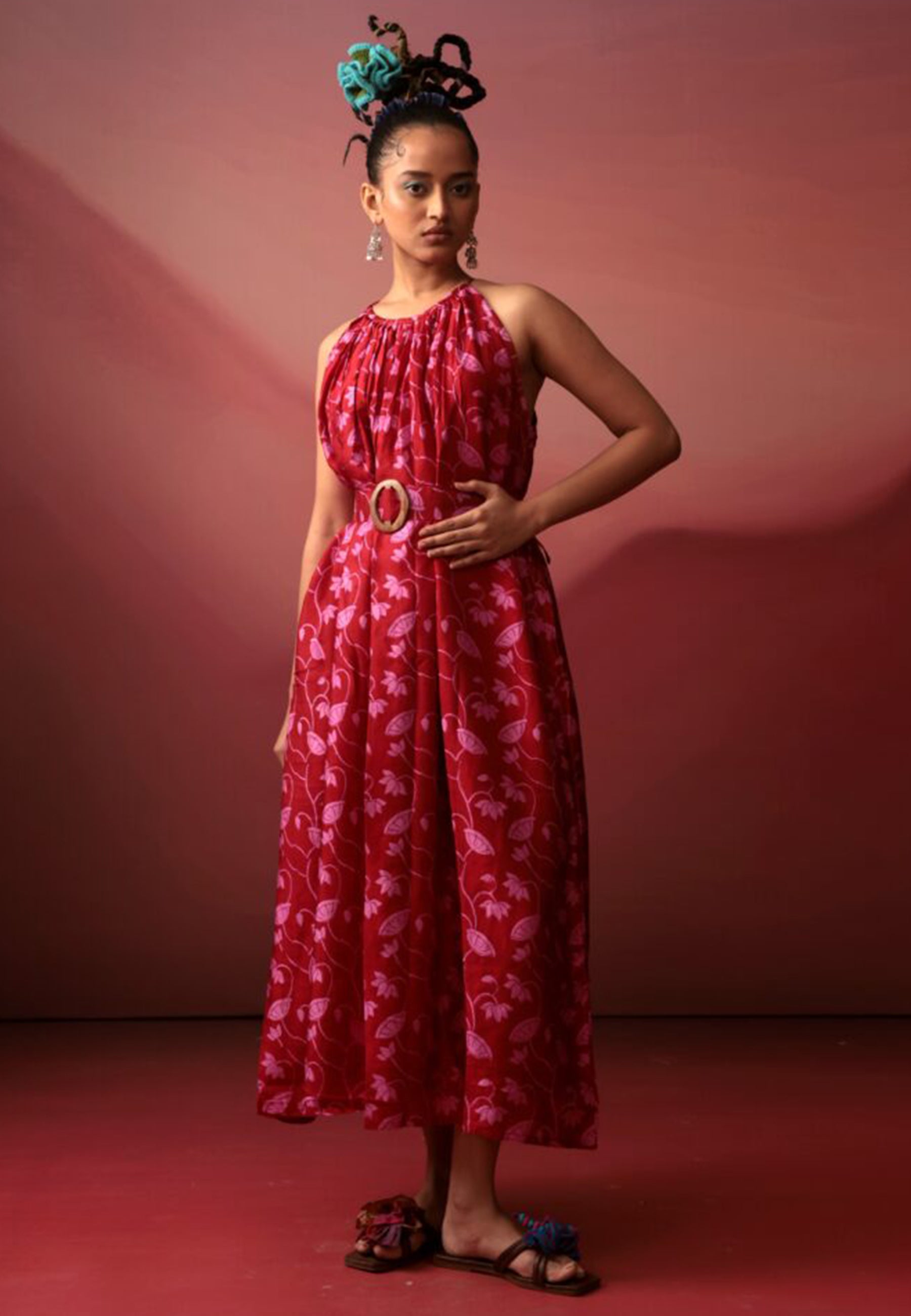 Crimson Floral Midi Dress DRESSES IKKIVI
