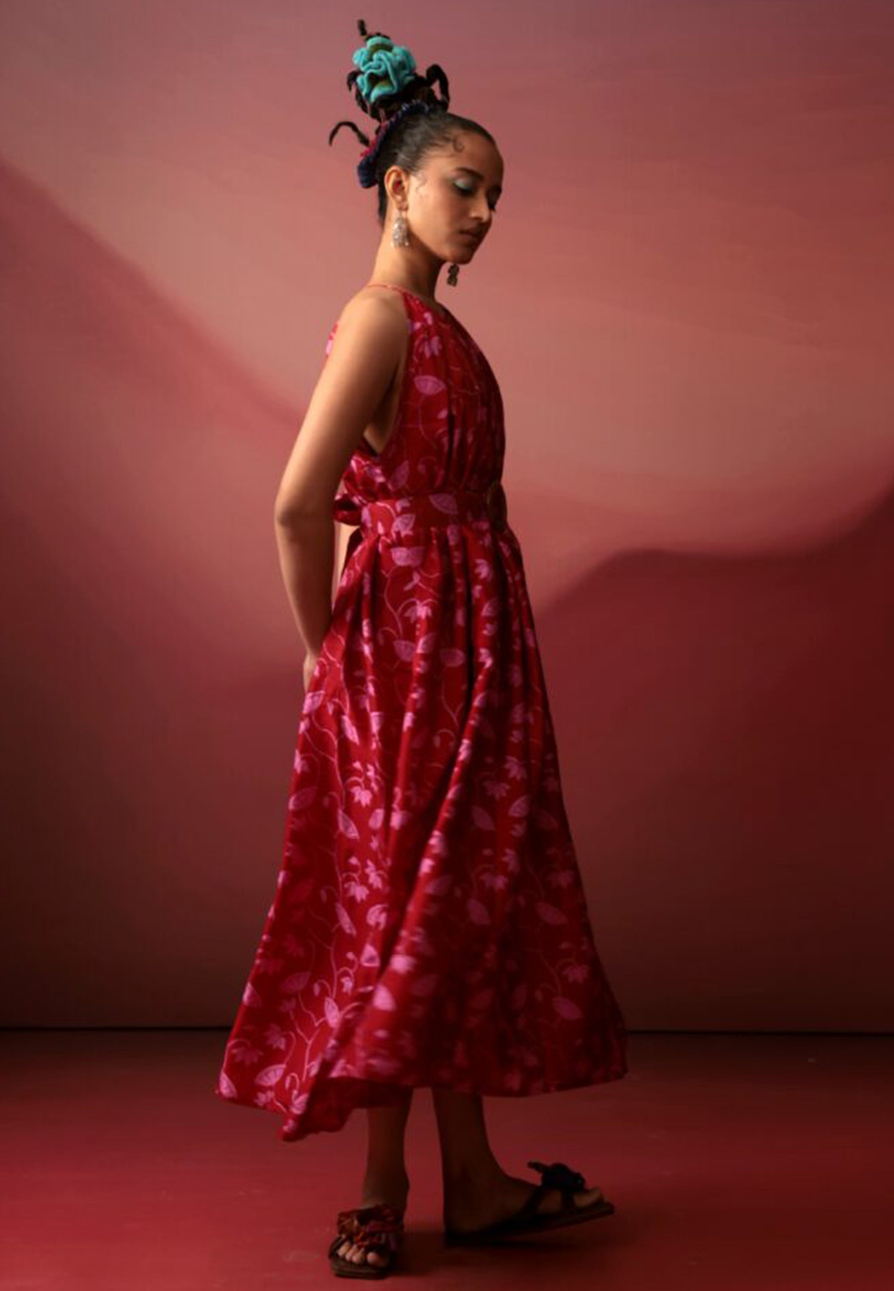 Crimson Floral Midi Dress DRESSES IKKIVI