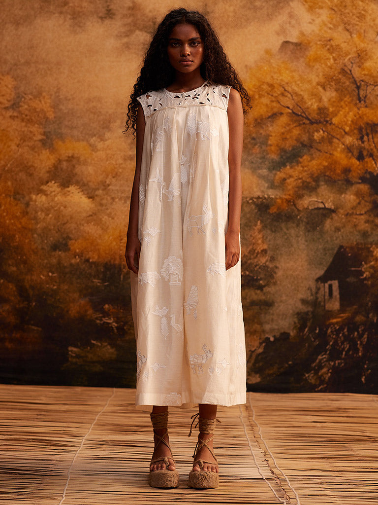Kujaku Knife Pleat Dress | Womens White Midi Dress | Ahmev