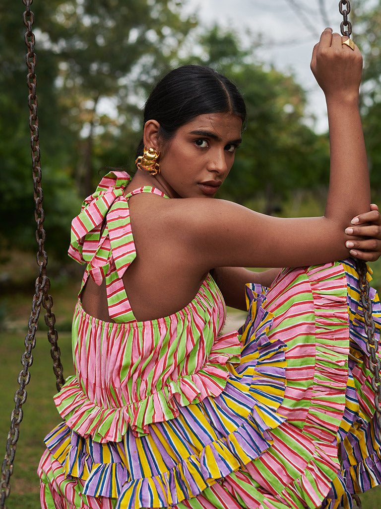 Bonbon Stripes Frilly Dress DRESSES Khajoor   