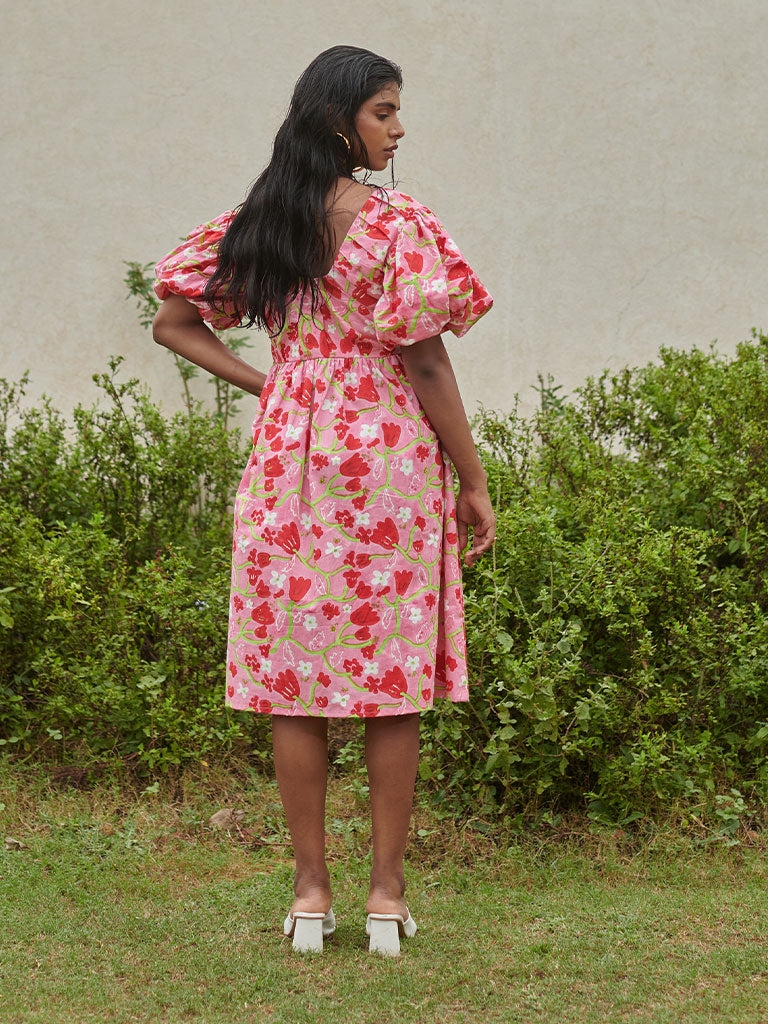 Le Blush Fleur Pleated Midi Dress DRESSES Khajoor   