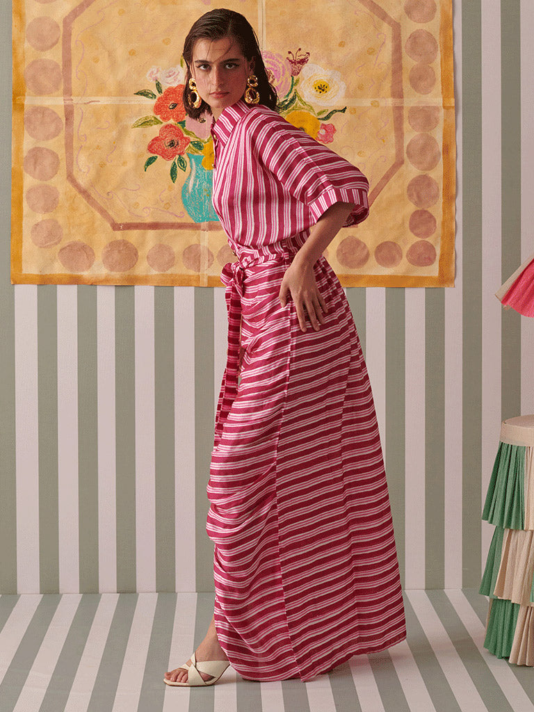 Blush Stripes Draped Shirt Dress DRESSES Khajoor