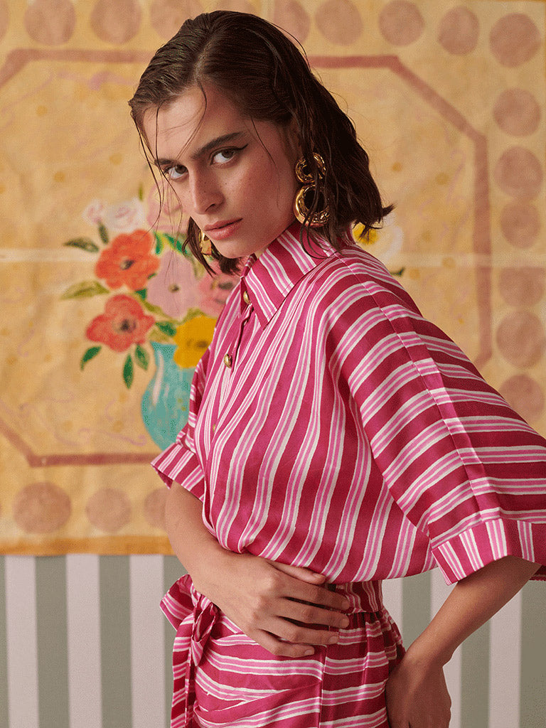 Blush Stripes Draped Shirt Dress DRESSES Khajoor