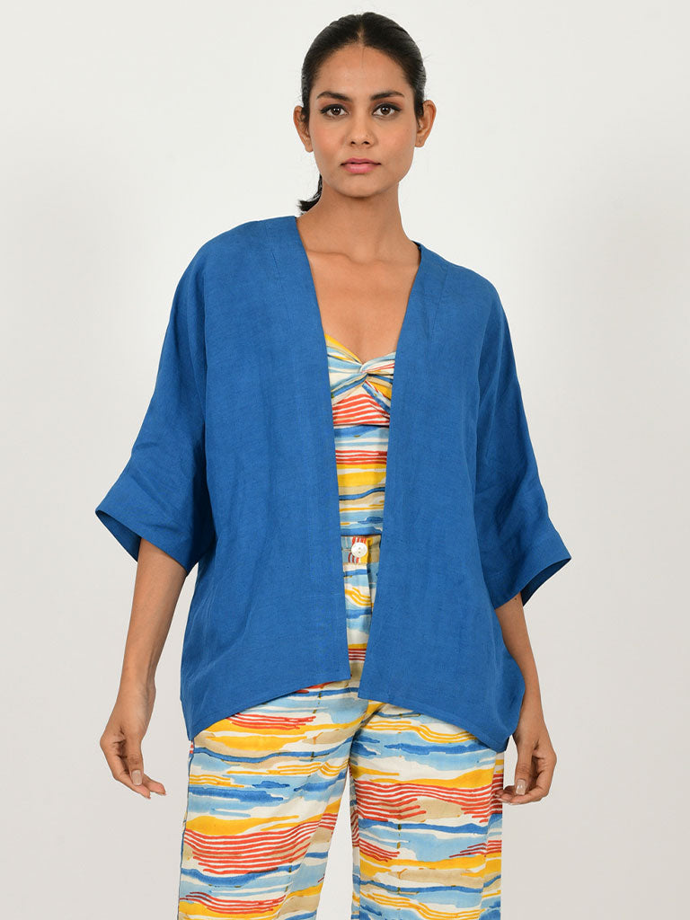 Classic Blue Linen Overlay JACKETS Rias Jaipur   