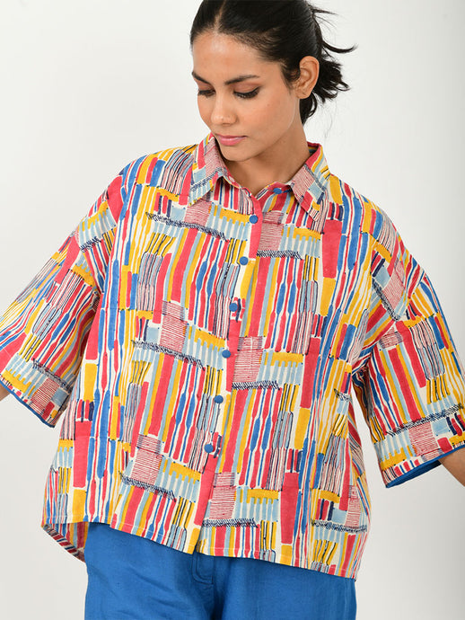 Scribble Linen Crop Shirt TOPS Rias Jaipur   