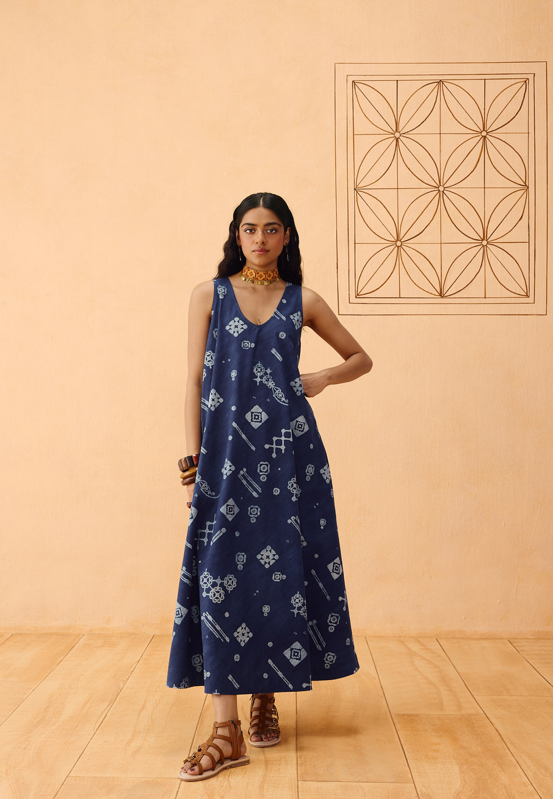 Indigo Ornament Organic Cotton Maxi Dress DRESSES SUI