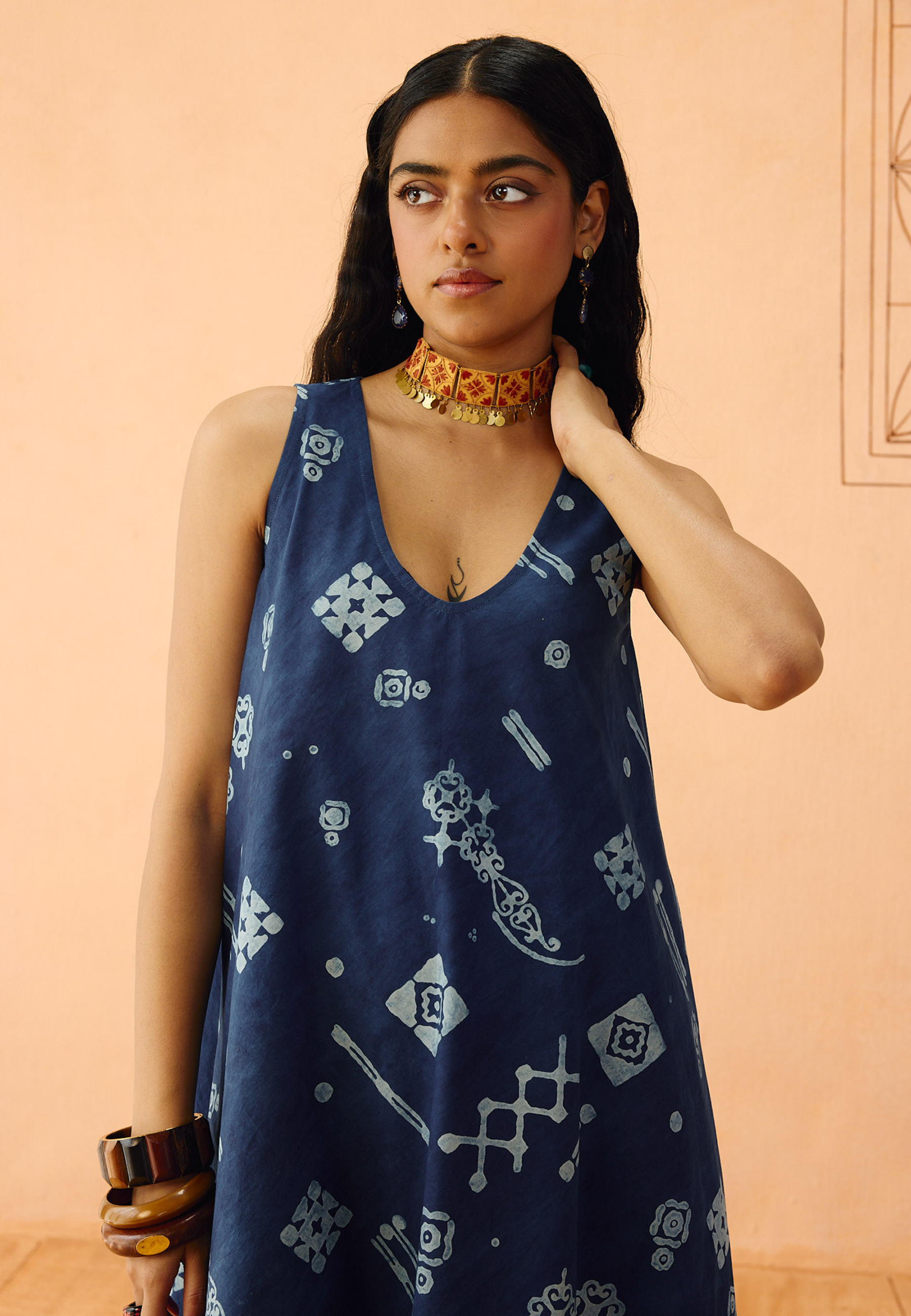 Indigo Ornament Organic Cotton Maxi Dress DRESSES SUI