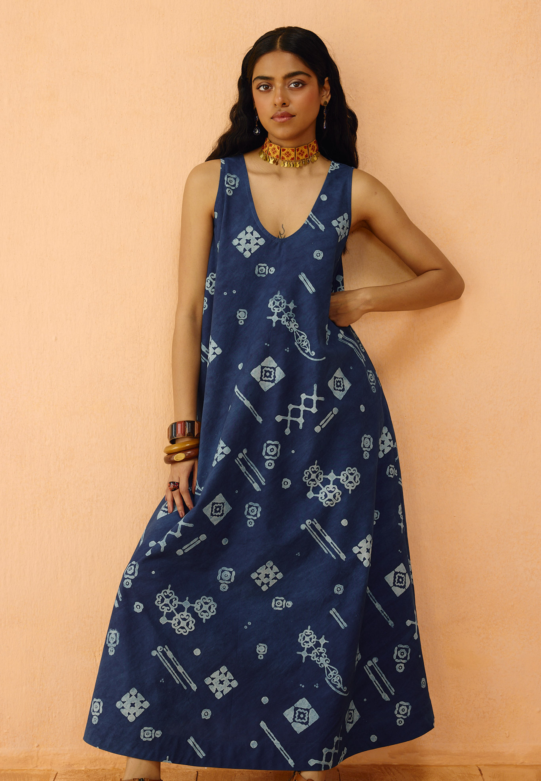Indigo Ornament Organic Cotton Maxi Dress DRESSES SUI