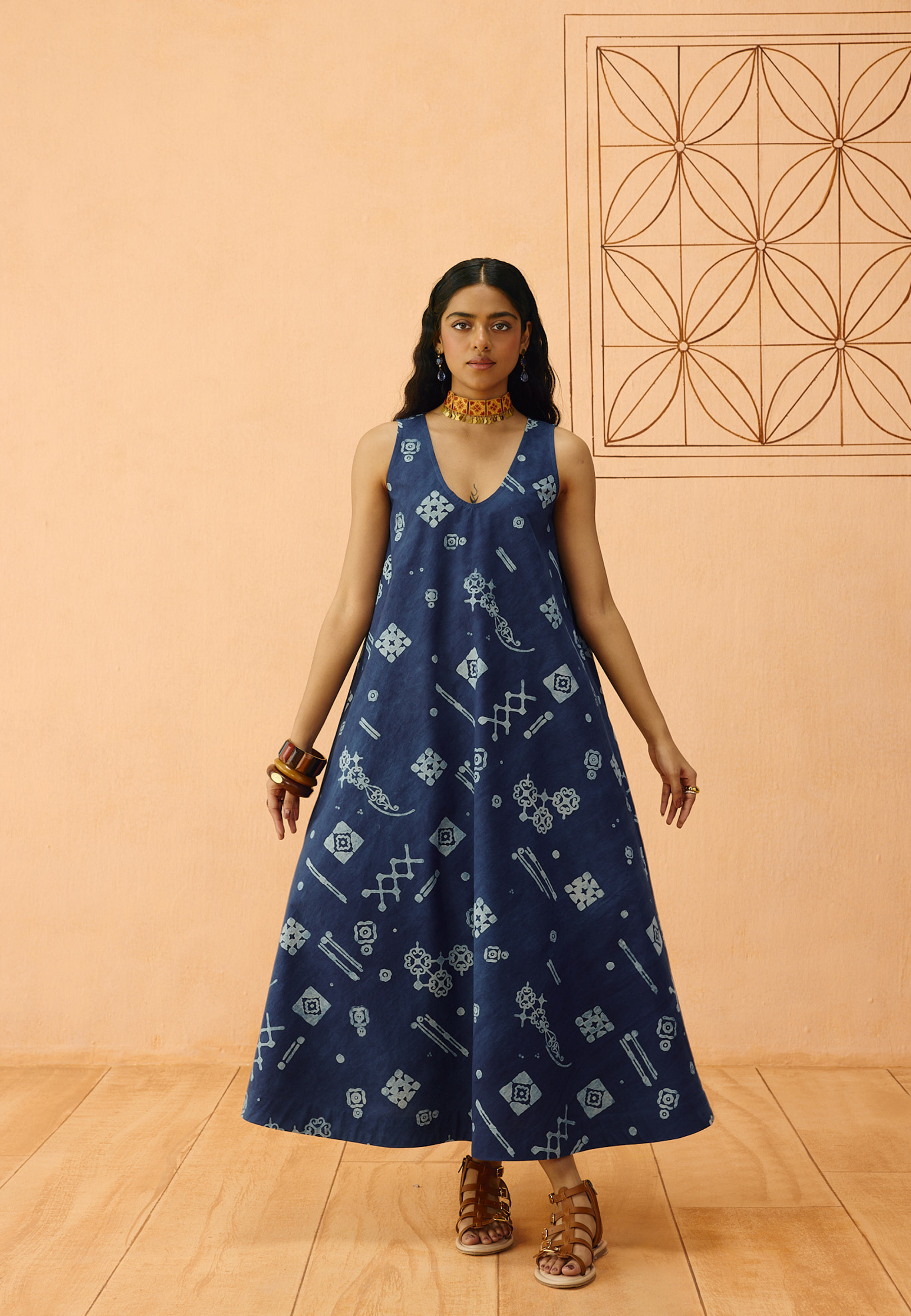Indigo Ornament Organic Cotton Maxi Dress DRESSES SUI
