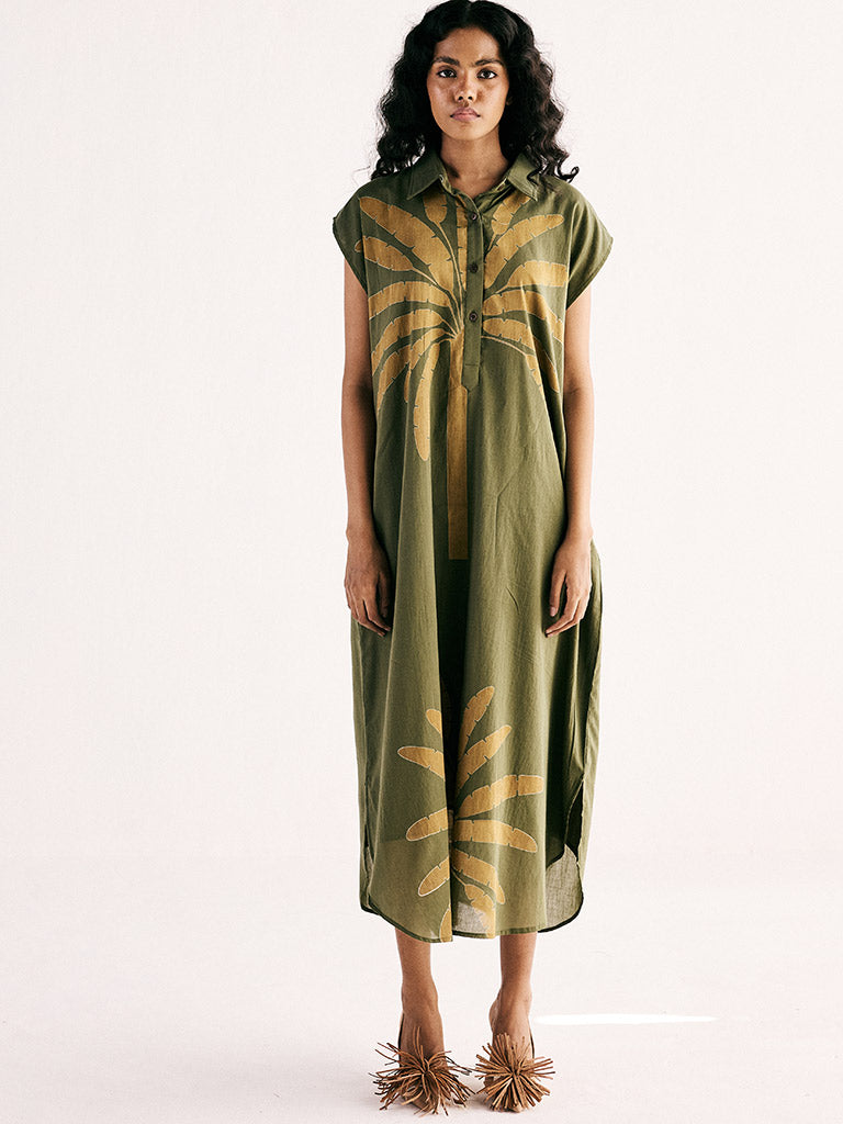 Olive Palm Shirt Dress DRESSES KHARA KAPAS   