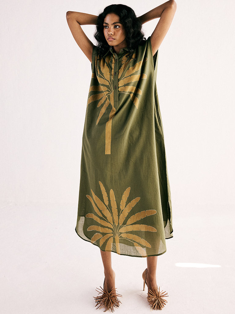 Olive Palm Shirt Dress DRESSES KHARA KAPAS   