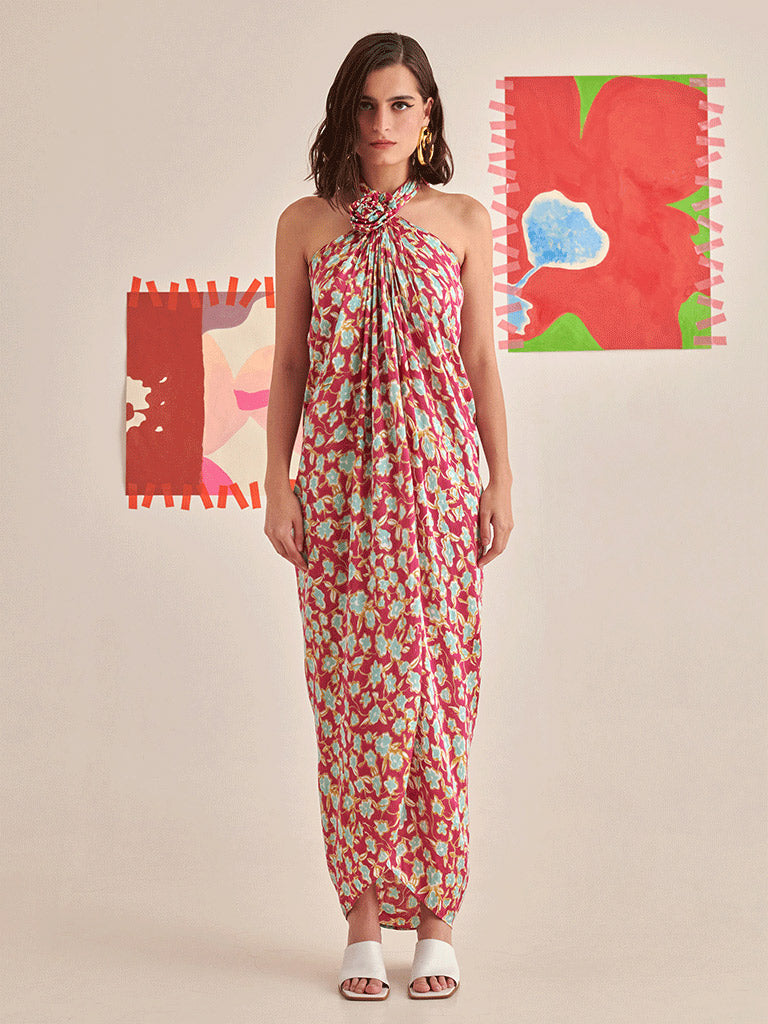 Floral Halter Neck Draped Dress DRESSES Khajoor