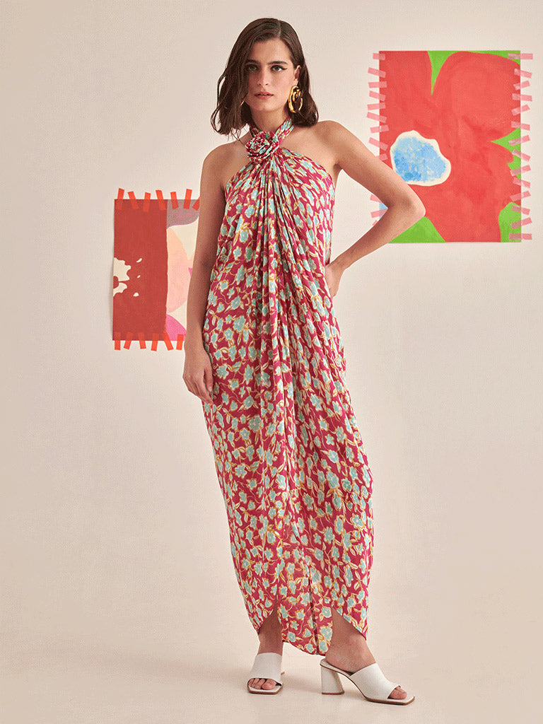 Floral Halter Neck Draped Dress DRESSES Khajoor