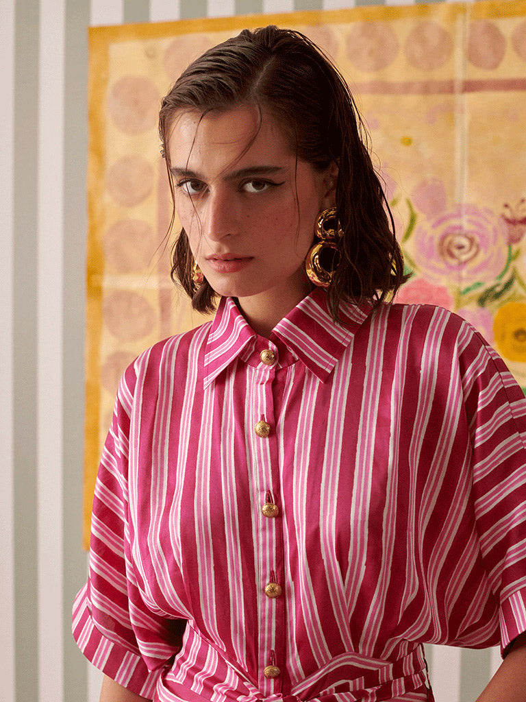 Blush Stripes Draped Shirt Dress DRESSES Khajoor