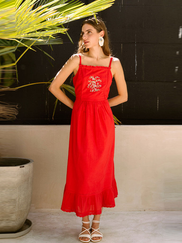 Rose Strap Dress | Womens Red Cotton Vintage Dress | IKKIVI Rose Strap Dress | Womens Red Cotton Vintage Dress | IKKIVI