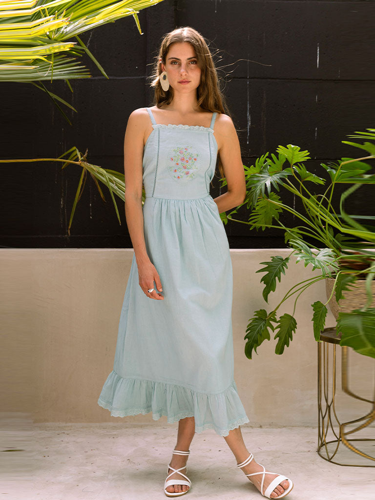 Aqua Cottage Dress | Womens Blue Cotton Vintage Dress | IKKIVI Aqua Cottage Dress | Womens Blue Cotton Vintage Dress | IKKIVI