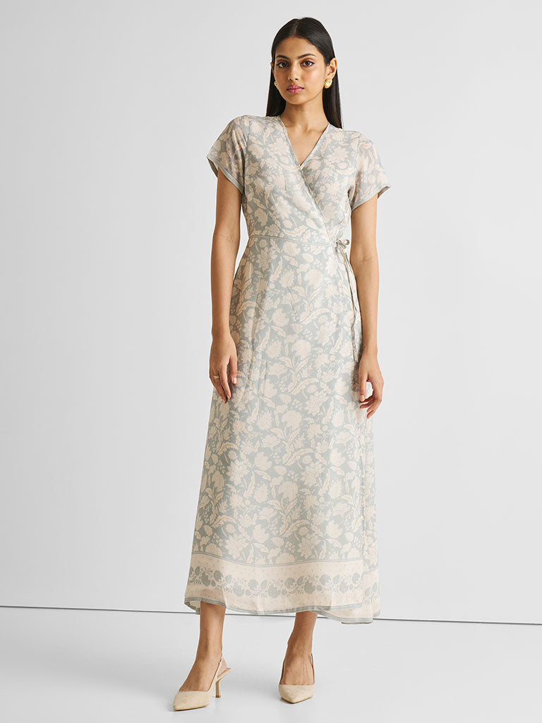 Blue Floral Maxi Wrap Dress DRESSES Reistor   