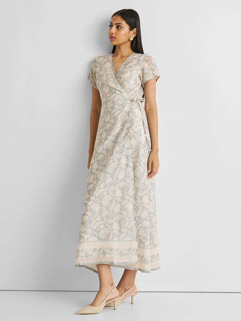 Blue Floral Maxi Wrap Dress DRESSES Reistor   
