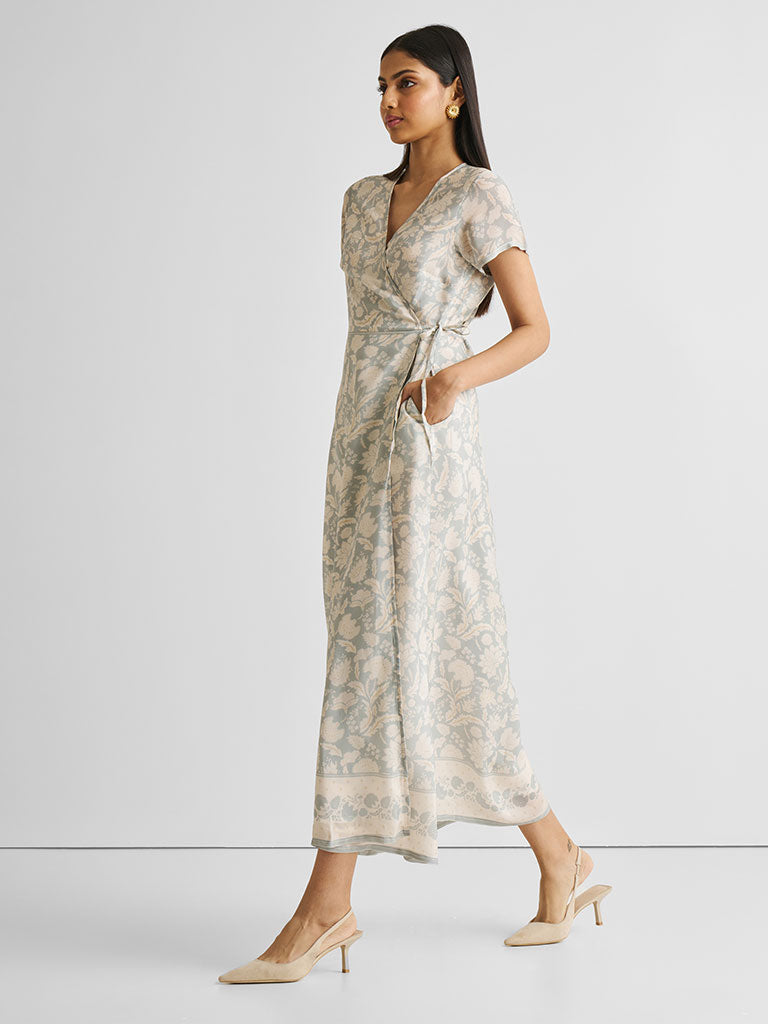 Blue Floral Maxi Wrap Dress DRESSES Reistor   