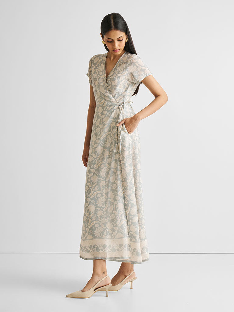 Blue Floral Maxi Wrap Dress DRESSES Reistor   