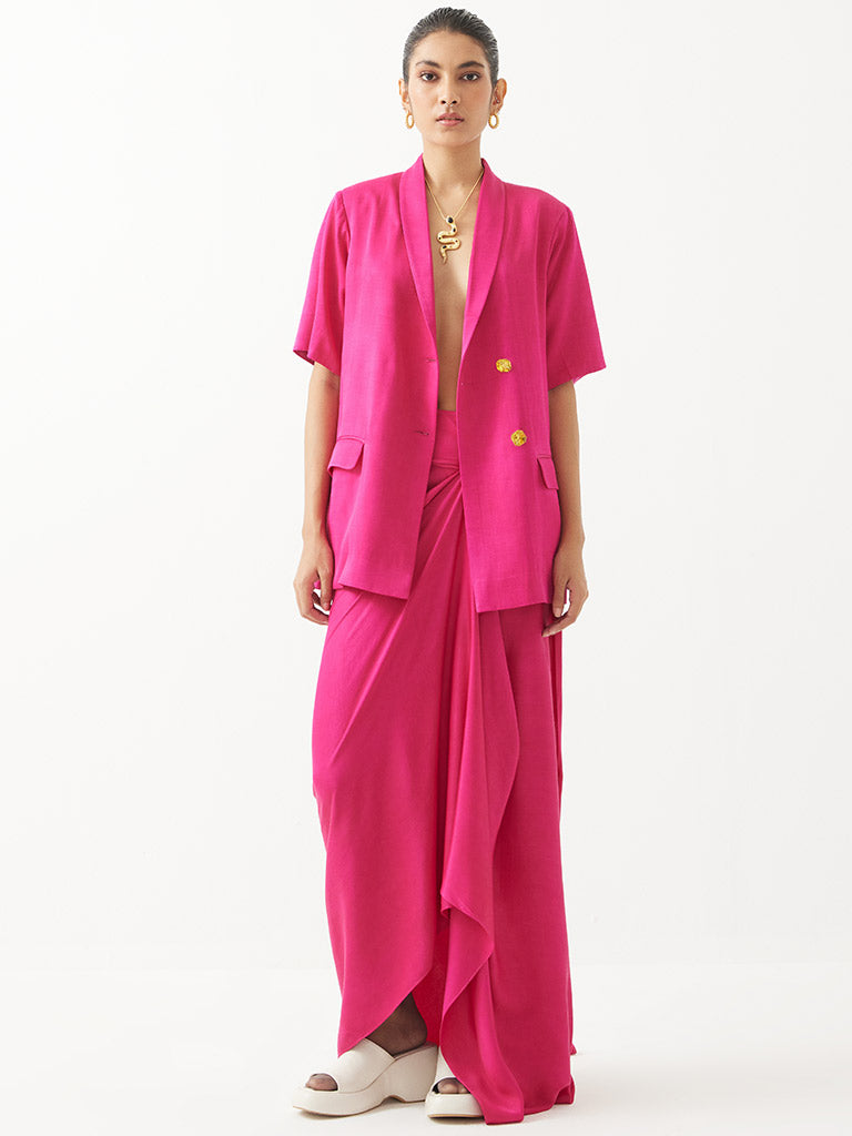 Rani Pink Blazer & Draped Skirt Set SETS IKKIVI   