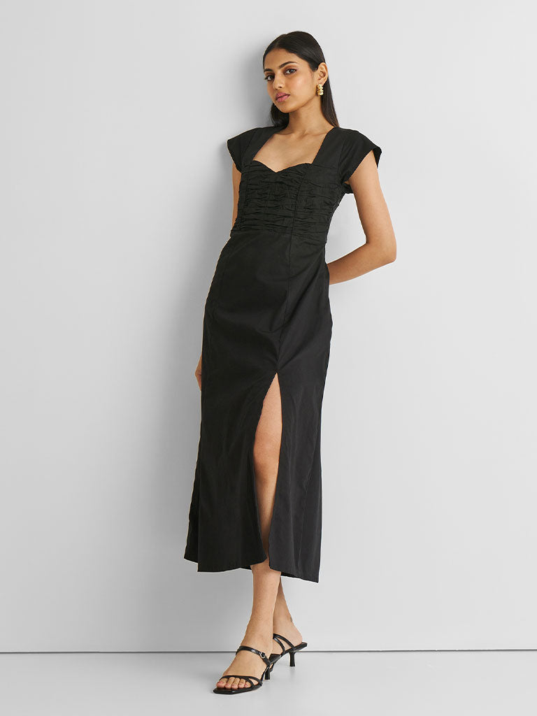 Ruched Dress with Front Slit DRESSES Reistor   