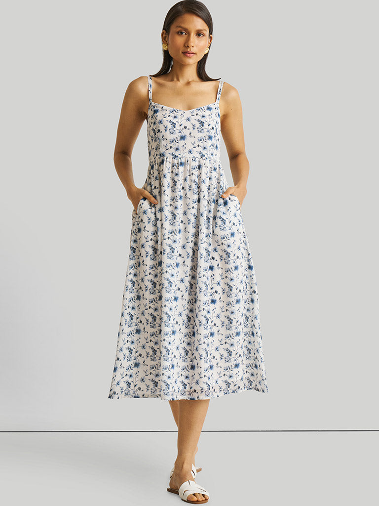 Strappy Gathered Blue Floral Dress DRESSES Reistor   