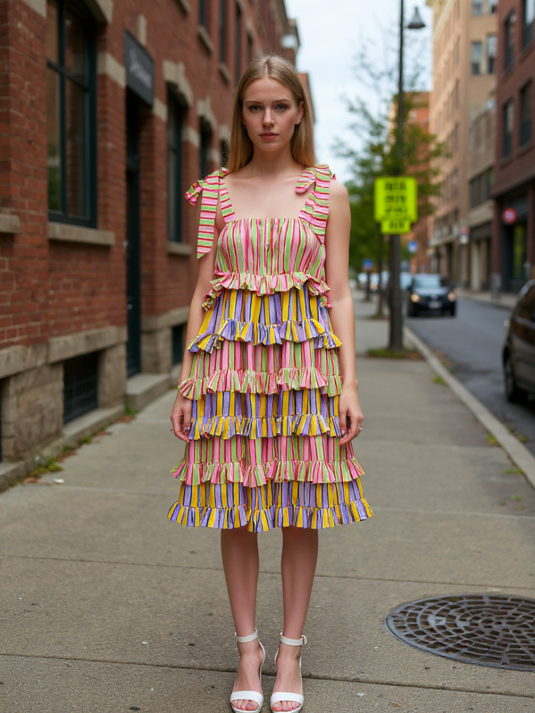 Bonbon Stripes Frilly Dress DRESSES Khajoor