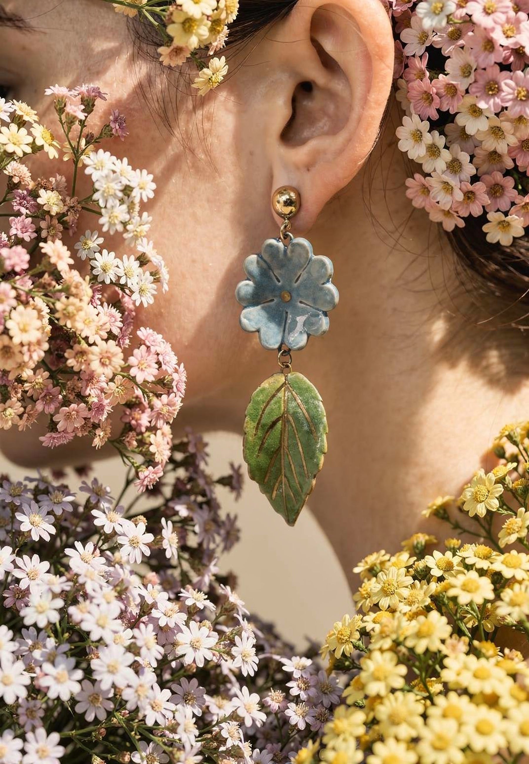 Blue Flora Leaf Dangler Earrings ACCESSORIES IKKIVI