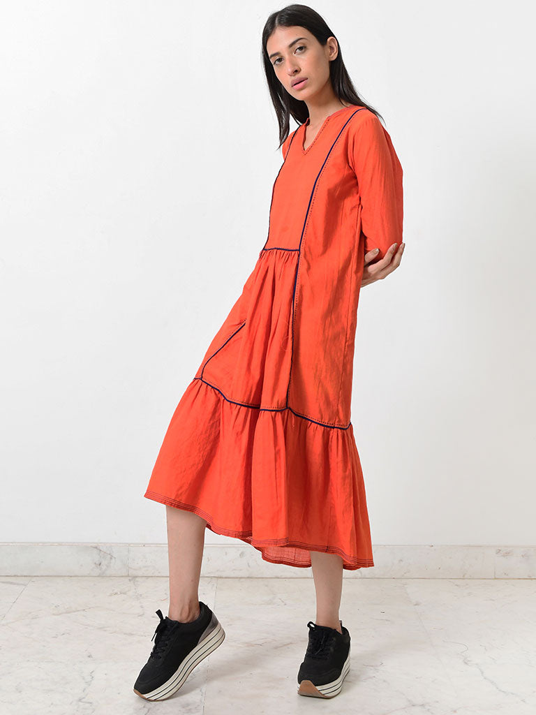 Khadi Contrasting Pipe Dress DRESSES Rias Jaipur   
