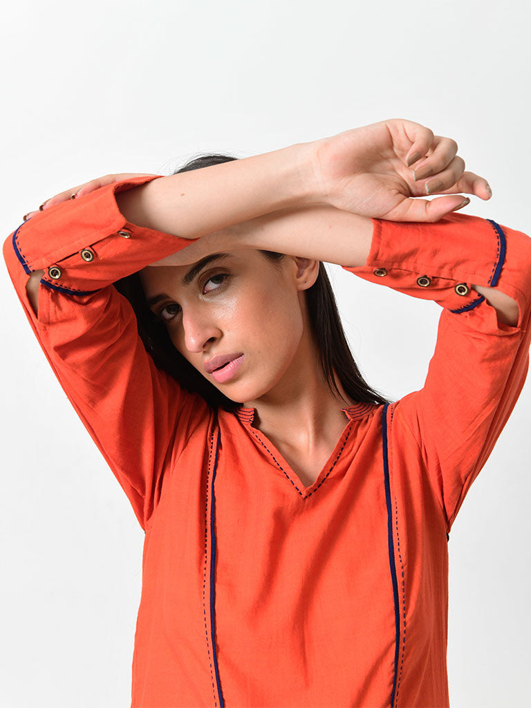 Khadi Contrasting Pipe Dress DRESSES Rias Jaipur   