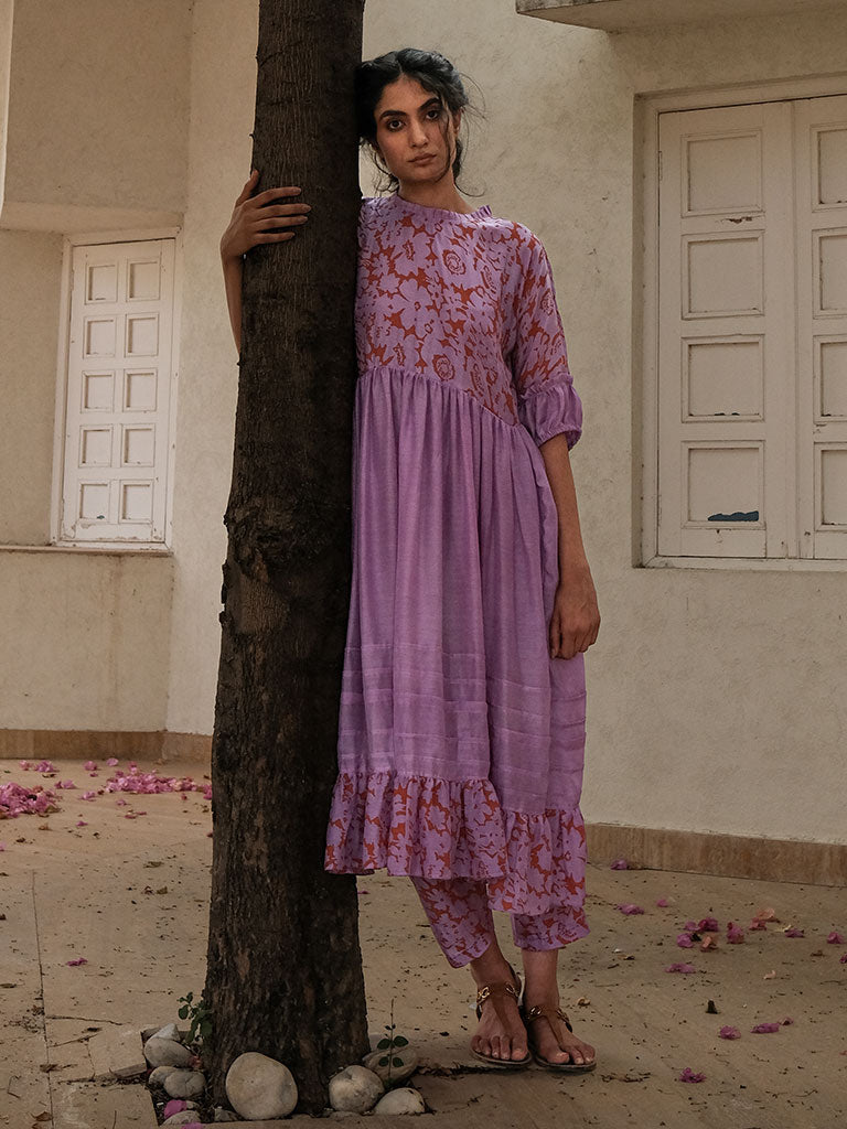 Lavender Floret Gathers Tunic DRESSES Khajoor   