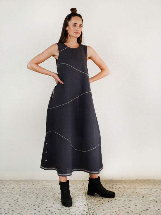 Charcoal Waves Maxi Dress DRESSES Rias Jaipur   